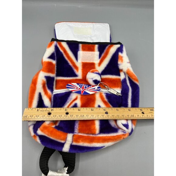 Union Jack Plush Backpack Zipper Pocket Small Pom Pom Key Ring Adjustable - Picture 9 of 16